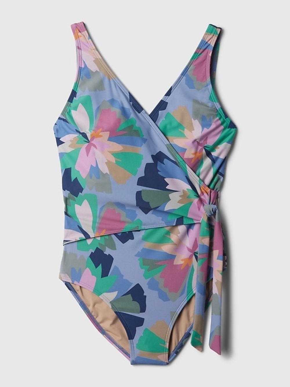 GAP Women’s Floral Faux-Wrap One-Piece Swimsuit - Blue, Pink, Green